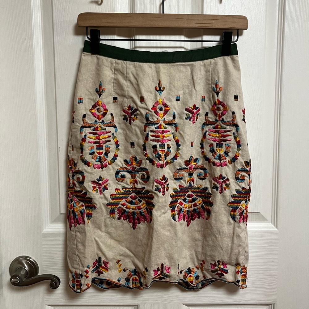Anthropologie Cream Multicolor Embroidered Pencil Skirt - Picture 4 of 13